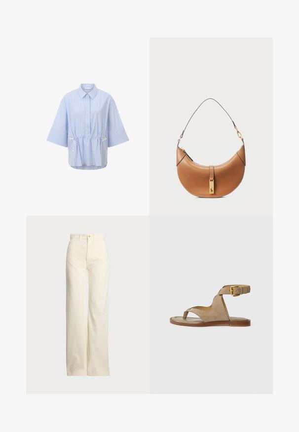 Prugasta bluzica u svijetloplavoj i bijeloj boji, s ovratnikom, kratkim širokim rukavima i podesivom vezicom u struku. Lagana tkanina.; Polo Ralph Lauren COTTON CORDUROY WIDE-LEG PANT - Hlače - warm white; Bež suède sandale s petom prstenom, otvorenim stranicama i širokom naramenicom sa zlatnom kopčom. Ravni smeđi đon s blagim rubom.; Tamnasti kožni ručni torba sa zakrivljenim oblikom, zlatnim hardverom i tankim remenom za rame. Sadrži zatvaranje na patentni zatvarač i detalj s logotipom na prednjoj strani.