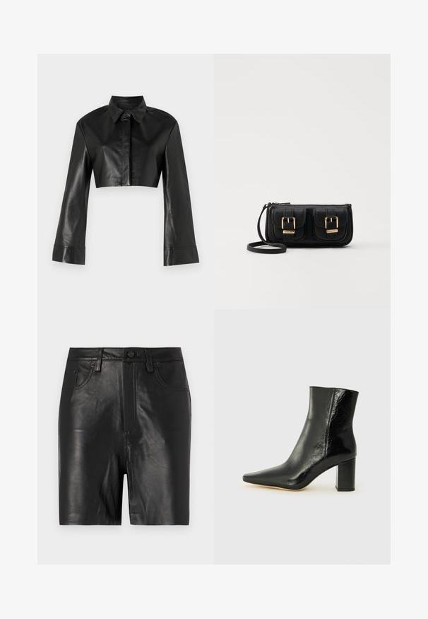 Black cropped leather jacket with a collar and long flared sleeves. Features a front button closure and smooth, shiny texture.; Black leather shorts with a smooth texture, featuring a front zip, button closure, and classic five-pocket design.; Black ankle boot made of glossy leather with a pointed toe and a chunky, square heel. Features a smooth texture and minimalistic design.; Black leather crossbody bag with two front pockets, gold buckles, zipper closure, and a slim strap. Textured surface and compact rectangular shape.