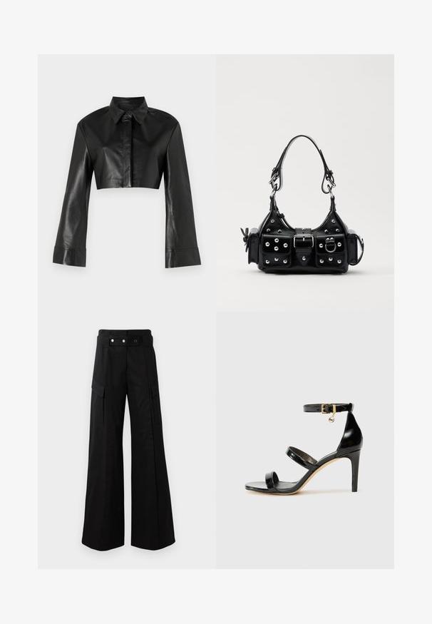 Black cropped leather jacket with a collar and long flared sleeves. Features a front button closure and smooth, shiny texture.; Black wide-leg pants with a high waistband, featuring large side pockets, two front buttons, and a loop detail. Made from sturdy fabric.; Black patent leather sandal with three straps, ankle buckle, and 4-inch stiletto heel. Features gold hardware detail and logo charm.; Black leather handbag with a curved design, featuring silver studs, a buckle, and two side pockets. Adjustable strap for carrying options.