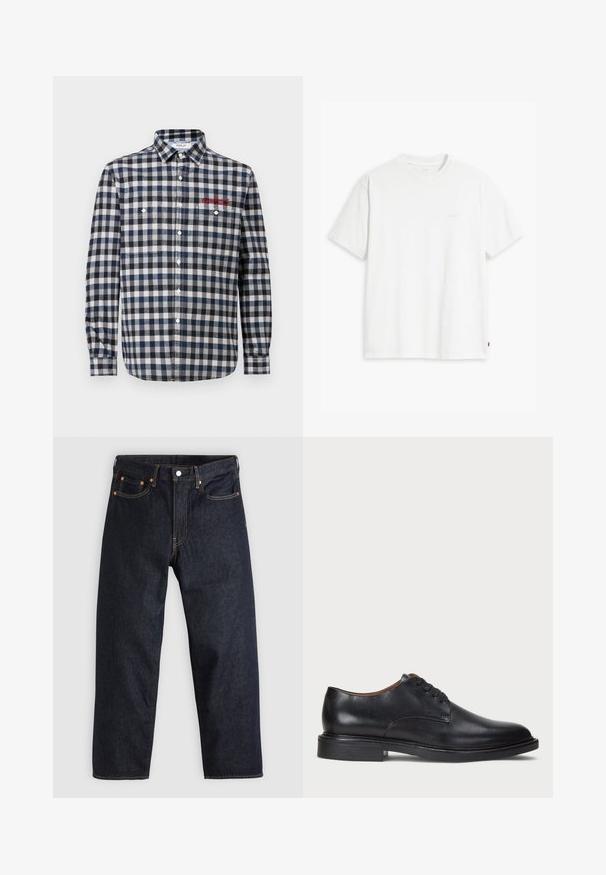 Pánska košeľa na gombíky v námorníckej a bielej kockovanej vzore, s dvoma náprsními vreckami, klasickým golierom a červenými vyšívanými detailmi.; Biele bavlnené tričko s krátkymi rukávmi, okrúhlym výstrihom a jemne svetlým logom "Levi's" potlačeným na prednej strane.; Tmavomodré džínsy s rovnými nohavicami, piatimi vreckami, kontrastným oranžovým prešívaním a gombíkovým zapínaním. Žiadne viditeľné vzory alebo ozdoby.; Čierne kožené spoločenské topánky s okrúhlym špičkou, šnurovacím dizajnom a nízkym zloženým podpätkom. Hladký povrch s minimálnymi švovými detailmi.