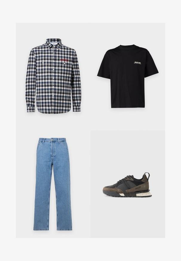 Camicia da uomo con bottoni, a quadri blu e bianchi, dotata di due tasche sul petto, colletto classico e dettagli ricamati in rosso.; T-shirt in cotone nero con maniche corte, scollatura rotonda e stampa in bianco e oro sulla parte sinistra del petto, caratterizzata da una vestibilità rilassata.; Jeans in denim blu chiaro a gamba dritta con un classico design a cinque tasche, dotati di chiusura frontale con bottone e passanti per cintura. Texture liscia.; Replay FIELD JUPITER CRAFT - Sneakers basse - black/dark grey