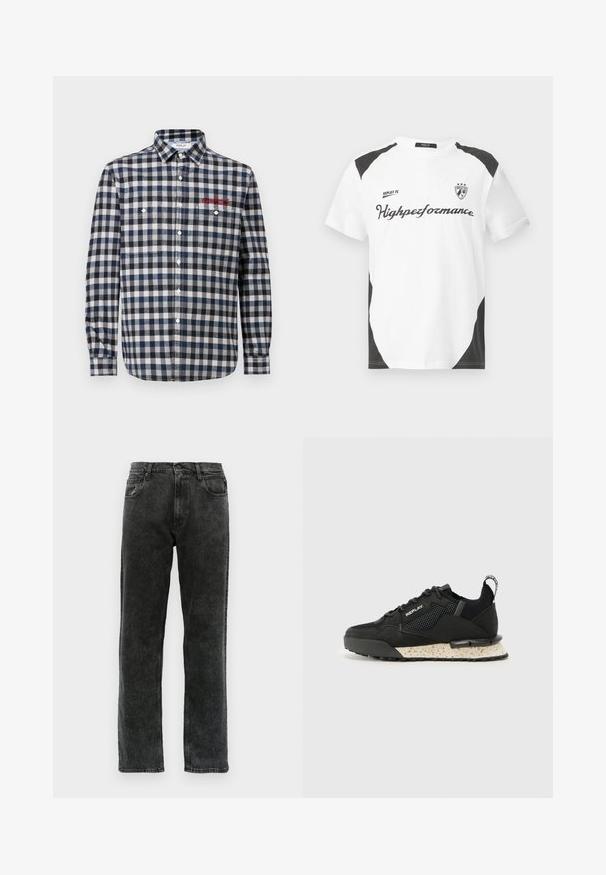 Vyriška marškiniai su mygtukais, mėlynos ir baltos languotos spalvos, su dviem krūtinės kišenėmis, įprastu apykaklės dizainu ir raudonais siuvinėjimo akcentais.; Balta trumpa rankovė t-shirt marškiniai su juodais akcentais. Yra "REPLAY FC" logotipas ir "Highperformance" tekstas sportiškame šriftuose. Pagaminta iš glotnaus medžiagos.; Juodos džinsinės kelnės su tiesiomis kojomis, turinčios penkias kišenes, mygtuką užtraukimui ir nedidelį blukimą audinyje.; Replay FIELD MELT 25 - Sportbačiai - black