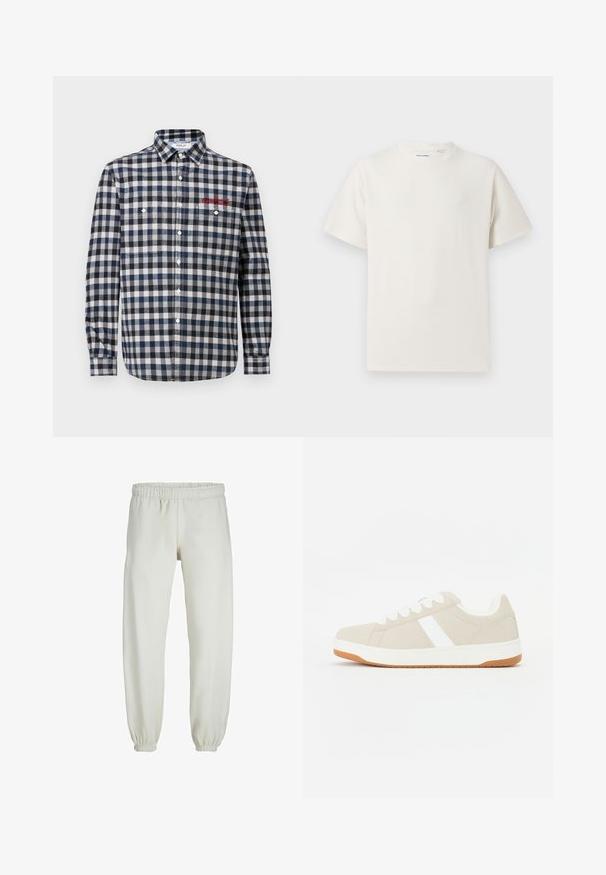 Moška srajca s kragnico v mornarski in beli karirasti vzorec, z dvema žepoma na prsih, redno ovratnikom in rdečimi vezeninami.; Bela majica s kratkimi rokavi iz rebraste tkanine. Okrogli izrez, sproščen kroj, brez vidnih vzorcev ali naglasov. Preprosta in vsestranska zasnova.; Bele trenerke narejene iz mehkega blaga, z elastičnim pasom in manšetami, gladke teksture in ohlapnega kroja.; Bežni copati z belimi detajli, zlikedano teksturo, zaobljeno obliko, zavezovanjem in kontrastnim gumijastim podplatom.