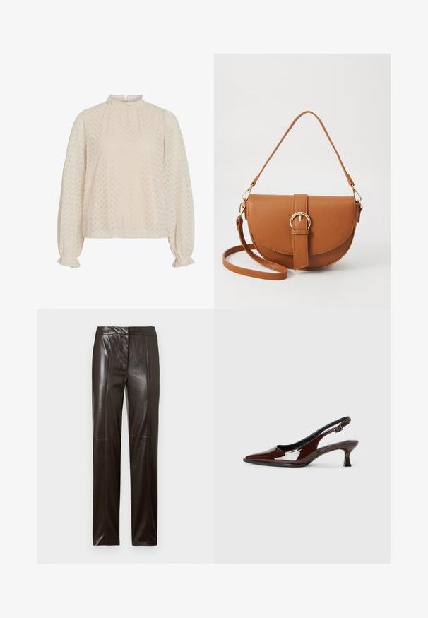 Krämfärgad blus med hög hals, texturerat zigzag-mönster och ballongärmar med pösiga manschetter.; Mörkbruna raka läderbyxor med en slät yta och subtila sömnadsdetaljer längs framsidan.; Brun lackläder slingback-sko med spetsig tå och en måttlig klack. Utrustad med en spännband för säker passform. Slät textur.; Brun läder crossbody-väska med en böjd form, gyllene detaljer och en spänneaccent. Har en avtagbar axelrem.