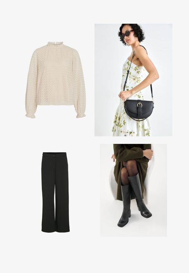 Krémová blúzka s vysokým golierom, textúrovaným zigzagovým vzorom a balónovými rukávmi s nariasenými manžetami.; Široké čierne nohavice z hladkej tkaniny. Majú predné zapínanie na gombík a dve bočné vrecká. Priamy strih bez ozdobných prvkov.; Čierne kožené čižmy po kolená so štvrtým prstom a blokovým opätkom, zobrazené s modelom sediacim v olivovo zelenej bunde. Hladká textúra, minimálne detaily.; Čierna kožená kabelka s zaobleným tvarom, odnímateľným popruhom a zlatými doplnkami. Kabelka má klopu s detailom s prackou.
