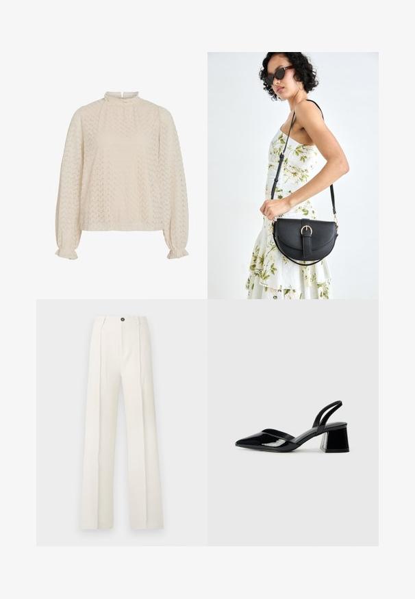 Tejfehér blúz magas nyakkal, textúrált cakkos mintával és ballon ujjal, amelyen ráncolt mandzsetta található.; Fehér, széles szárú nadrág magas derékkal, két elülső redővel, egy gombos záródással és zsebekkel. Simaságával kiemelkedő szövet.; Fekete lakk bőr szandálkés magas sarkú cipő, hegyes orral és geometrikus tömbsarkakkal. Karcsú, minimalista dizájn és sima textúra jellemzi.; Fekete bőrtáska ívelt formával, levehető pánttal és arany színű fémrészekkel. A táskán egy csattal díszített fedél található.