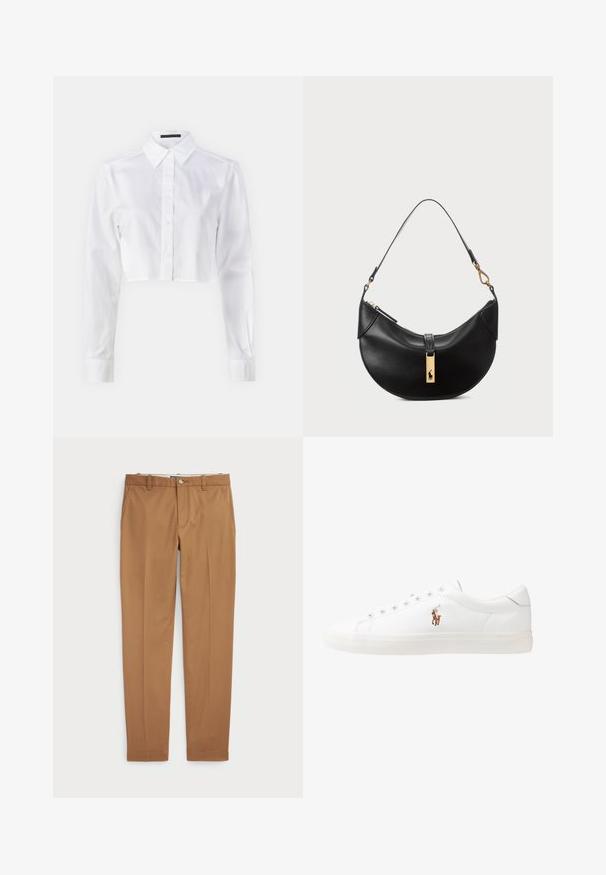 DRYKORN HALIDA - Hemdbluse - white; Braune Baumwollhosen mit schmalem Schnitt, flachem Vorderteil und Standardtaschen; glatte Textur und abgeschnittene Säume.; Weiße Leder-Sneaker, niedrig geschnitten, mit glatter Textur, runder Zehenpartie, Schnür vorne und kleinem gesticktem Logo an der Seite.; Schwarze Lederhandtasche in Halbmondform. Verfügt über eine goldene Hardware-Akzentuierung und einen schmalen Tragegurt. Sanfte Textur, Reißverschlussverschluss an der Oberseite.