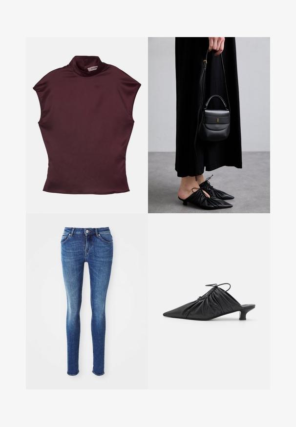 Burgundská krátka rukávová polovičná roláková blúzka vyrobená z hladkého saténového materiálu, s priliehavým strihom a čistými, minimalistickými švami.; Modré úzke denimové džínsy so hladkou textúrou, stredne vysokým pásom, piatimi vreckami a svetlým vyblednutím na stehnách. Obsahujú kovový gombík a zips.; Čierne kožené slip-on mule s špicatou špičkou, zberanou textúrou a malým podpätkom. Obsahuje šnúrovací detail na otvorení.; Malá čierna kožená kabelka zaobleného tvaru, s hornou rukoväťou a odnímateľným popruhom. Nosená s čiernymi látkovými šatami a čiernymi plisovanými topánkami.; Náušnice v zlatej farbe vo forme kruhu s točiacim sa dizajnom, s drážkovanou textúrou a hladkým povrchom. Ľahká a prázdna konštrukcia.