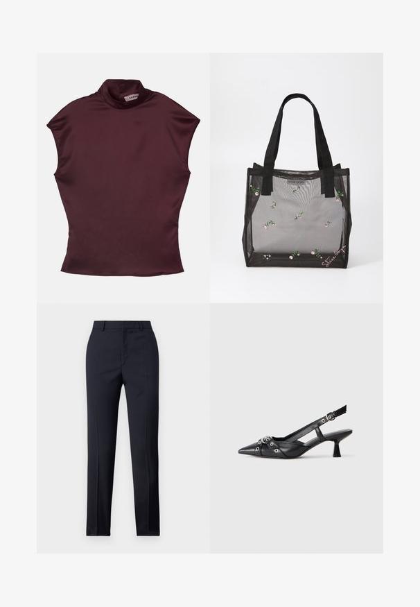 Burgunderfarbener Kurzarm-Top mit Stehkragen aus glattem Satinmaterial, mit schmaler Passform und klaren, minimalistischen Nähten.; Marineblaue Tailored-Hosen mit geradem Schnitt, ausgestattet mit glattem Material, zwei frontalen Taschen und einem schlichten Bund.; Schwarzer Leder-Slingback-Schuh mit spitz zulaufender Zehenpartie, dekorativen Riemen mit METALLÖSEN und niedrigem Blockabsatz. Strukturelle Oberfläche.; Schwarze Netztragetasche mit gestickten Blumenmustern, ausgestattet mit stabilen schwarzen Griffen und einem LOGO-Anhänger auf der Vorderseite. Translucentes Material.