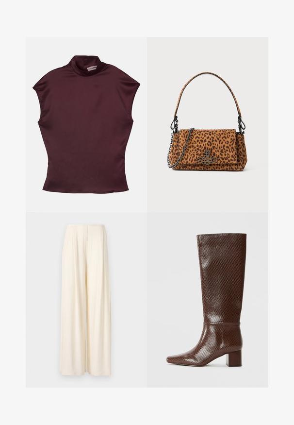 Top corto a maniche corte color bordeaux con colletto a polo finto, realizzato in tessuto satinato liscio, caratterizzato da un design aderente e cuciture pulite e minimaliste.; Norma Kamali MENS PLEAT  - Pantaloni - cream; Stivale marrone fino al ginocchio con texture in pelle di serpente, punta quadrata e tacco a blocco su sfondo bianco uniforme.; Borsa a tracolla con stampa leopardata, realizzata in suede, con una maniglia corta, una tracolla a catena e una chiusura in metallo nero. Forma rettangolare con chiusura a patta.