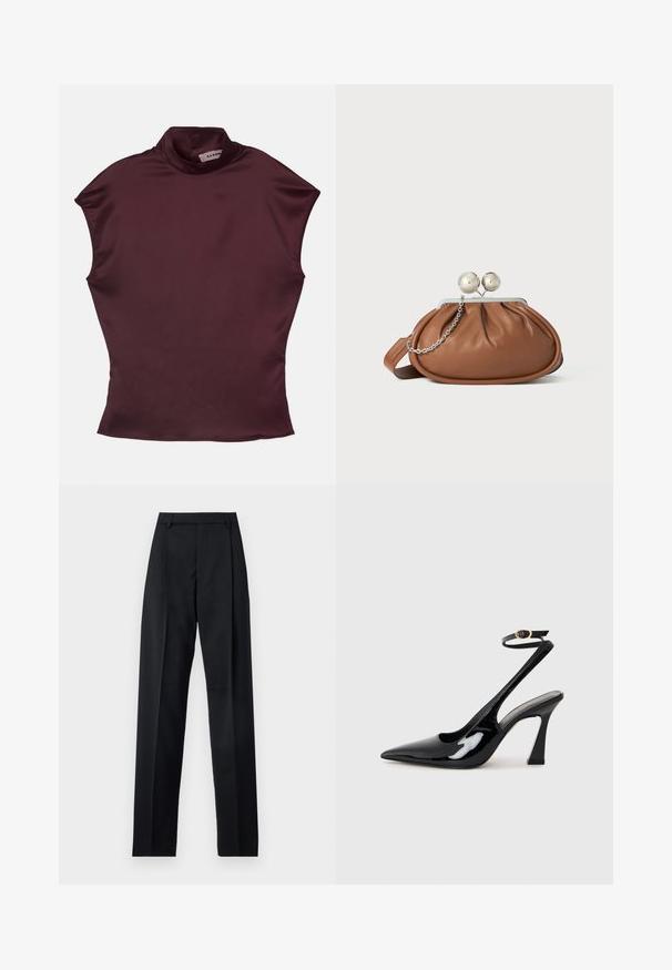 Burgundy lyhytsleeve mocki-poltinpaito, joka on valmistettu sileästä satiinikankaasta ja jossa on tiukka muotoilu sekä siistit, minimaliset saumat.; Musta housut, jotka on valmistettu sileästä kankaasta ja joissa on korkea vyötärö, leveät lahkeet, etukaarteet ja klassiset vyölenkit. Ei näkyviä sivutaskuja.; Musta patenttinen nahka slingback-korkokengät, joissa on teräväkärkinen muoto, säädettävä nilkkastrappi ja kohtuullinen lohkokorko. Sujuva pinta kiiltävällä viimeistelyllä.; Ruskolehti nahka käärimispuss, jossa on hopeinen pallo-osa ja pieni hopeaketjuvalinta valkoista taustaa vasten.