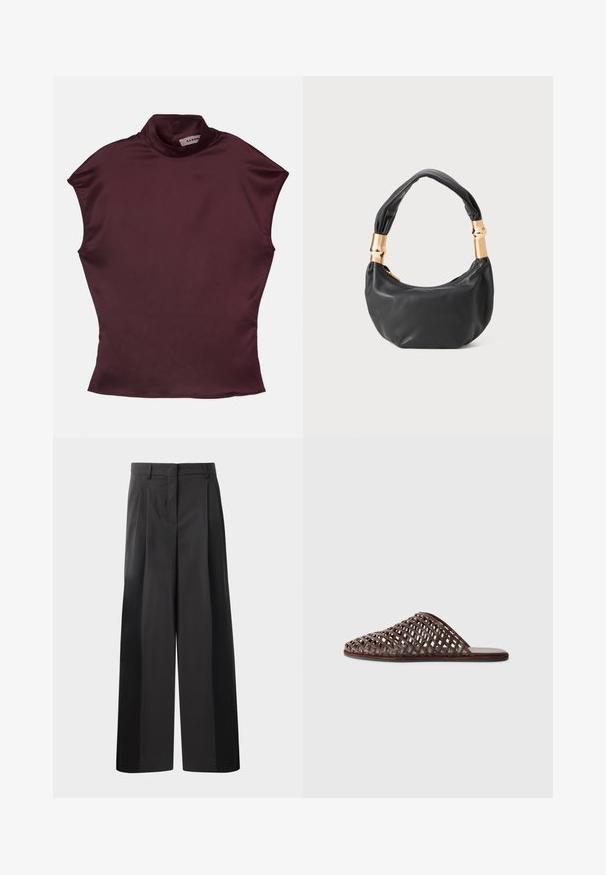 Burgundowa bluzka z krótkim rękawem i stójką o gładkiej satynowej fakturze, charakteryzująca się dopasowanym krojem i minimalistycznymi szwami.; Czarne szerokie spodnie z wysokim stanem, z przodu z fałdami, o gładkiej fakturze i dopasowanym wykończeniu. Zaprojektowane z myślą o luźnym kroju.; Brązowe plecione klapki z zaokrąglonym noskiem, otwartym wzorem, płaską podeszwą i teksturowanym wykończeniem. Lekki materiał i minimalistyczny kształt.; Czarna skórzana torebka o okrągłym kształcie, miękkiej fakturze i wiązanym uchwycie z akcentami w złotym odcieniu. Zamek błyskawiczny.