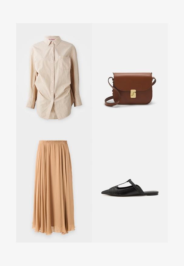 Camisa de botones de manga larga en color beige con un patrón de cuadros, cuenta con un collar, un bolsillo en el lado izquierdo y botones blancos.; Falda maxi en beige claro, confeccionada con una tela fluida. Presenta una cintura elástica fruncida y suaves pliegues para el movimiento.; Zapato de piel negra tipo slingback con punta afilada, que presenta un detalle trenzado y un diseño superior plisado. Suela plana con hardware mínimo.; Bolso de mano de cuero marrón con cierre de solapa, herrajes en tono dorado, correa para el hombro y una textura suave. Forma rectangular compacta.