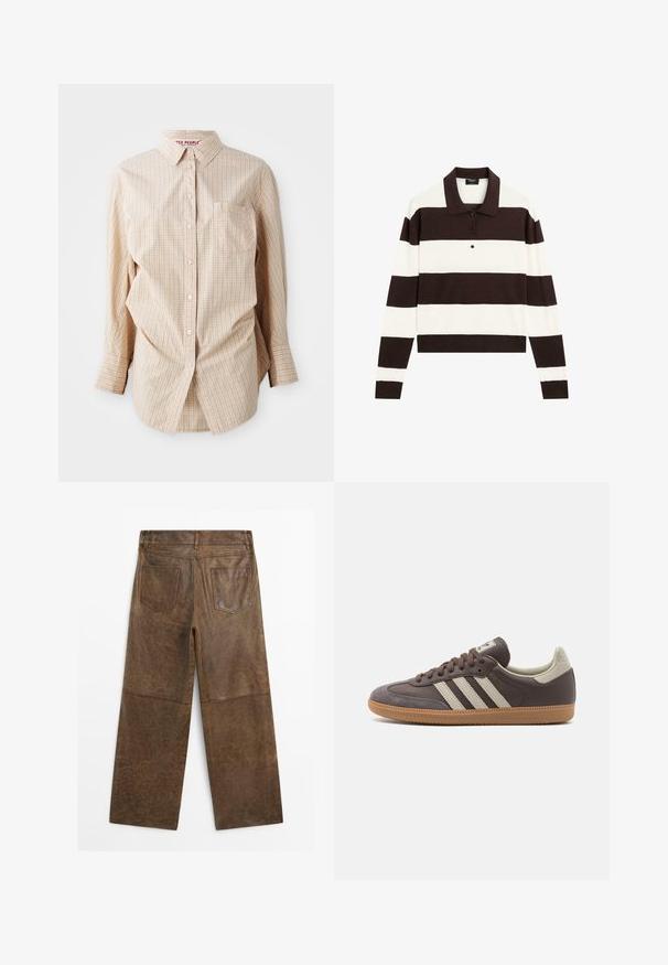 Krémová košile s dlouhým rukávem na knoflíky s kostkovaným vzorem, má límec, kapsu na levé straně a bílé knoflíky.; Pánská polokošile s dlouhým rukávem, která se vyznačuje střídajícími se tmavě hnědými a bílými vodorovnými pruhy, límcem a zapínáním na knoflíky. Vyrobena z měkké tkaniny.; Hnědé kožené kalhoty s širokými nohavicemi, se dvěma zadními kapsami a viditelným šitím, zobrazené zezadu na bílém pozadí.; Hnědé kožené tenisky se třemi světlými pruhy, gumovou podrážkou, zaoblenou špičkou a texturovanými semišovými detaily na patě a špičce.