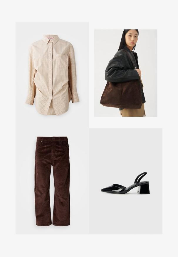 Beige langærmet skjorte med knapper og et ternet mønster, har krave, lomme på venstre side og hvide knapper.; Brune kordfløjsbukser med lige snit, forlommer og knaplukning. Stofarten har et blødt, tekstureret udseende.; Sorte patentlæder slingback hæle med spids tå og en geometrisk blok hæl. Har et elegant, minimalistisk design og en glat tekstur.; Brun ruskind tote taske med en bred form og blød tekstur, der har en enkelt strop og minimal hardware mod en neutral baggrund.