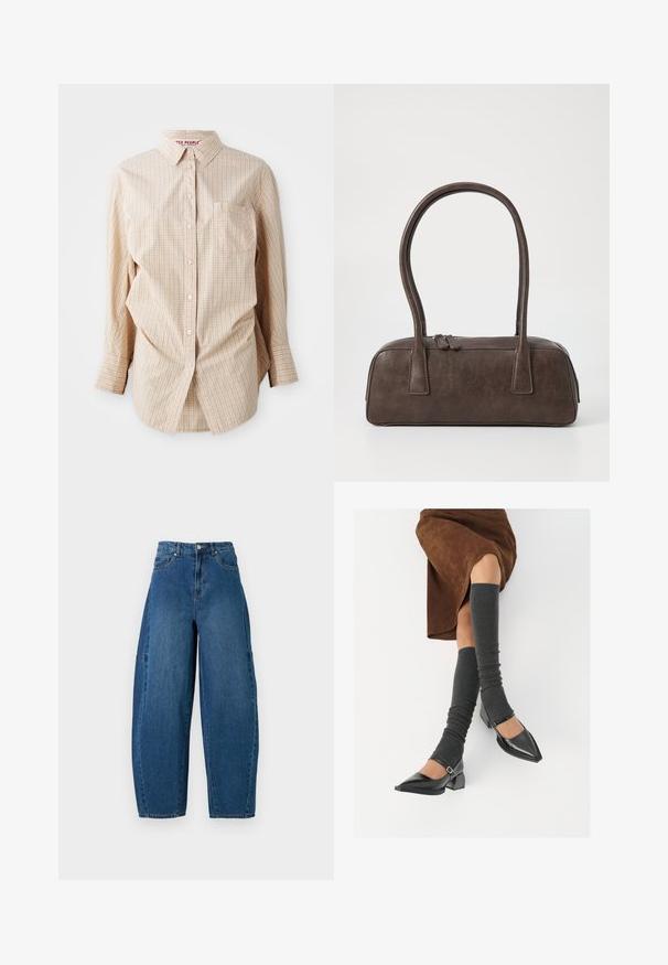 Bež pikka pikal varrukal nööbidena särgid kontrollitud mustriga, millel on krae, vasakul pool tasku ja valged nööbid.; Keskmise sinise tooniga teksad, millel on kõrge talje, lai jalaliik ja standardne viie taskuga disain koos nähtavate õmbluste detailidega.; Mustad patsaline odav värviga kingad, millel on kreen ja pahkluuring, on paaritatud hallide ribakudumitega sääremiidega ja pruunist nahast seelikuga.; Pruunist nahast käsipagas kahe tugeva käepidemega, kandiline kuju, sile tekstuur ja tõmblukuga sulgemine. Minimalistlik disain, ilma nähtavate mustriteta.