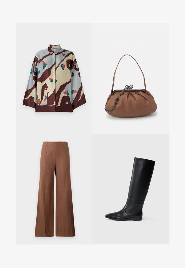 Zīda krekls ar apkakli, kuram ir krēmkrāsas un gaiši zila pamata krāsa, rotāta ar abstraktiem brūniem rakstiem un krāsainiem ziedu akcentiem.; Brūni platajām kājām bikses, izgatavotas no teksturēta auduma. Tām ir augsts jostasvieta ar diviem priekšējiem krokām un taisnām, plūstošām kājām.; Melnas ādas ceļgala augstas zābaki ar smailu purngali un minimālistisku dizainu. Gluda tekstūra un plakana zole, ar diskrētām sānu šuvju detaļām.; Brūns ādas rokassomu ar salocītu dizainu, īsu ādas rokturi un ķēdes siksnu. Tam ir sudraba metāla sprādze ar diviem apaļiem akcentiem.