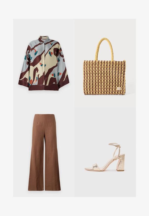 Zīda krekls ar apkakli, kuram ir krēmkrāsas un gaiši zila pamata krāsa, rotāta ar abstraktiem brūniem rakstiem un krāsainiem ziedu akcentiem.; Brūni platajām kājām bikses, izgatavotas no teksturēta auduma. Tām ir augsts jostasvieta ar diviem priekšējiem krokām un taisnām, plūstošām kājām.; Zelta metāla augstpapēžu sandale ar plašu siksnu pār pirkstiem, regulējamu potītes siksnu un teksturētu bloku papēdi.; Auduma soma brūnā un dzeltenā krāsā, ar taisnstūra formu, divām rokturu siksnām un teksturētu apdari ar redzamām šuvēm un zīmola birku.