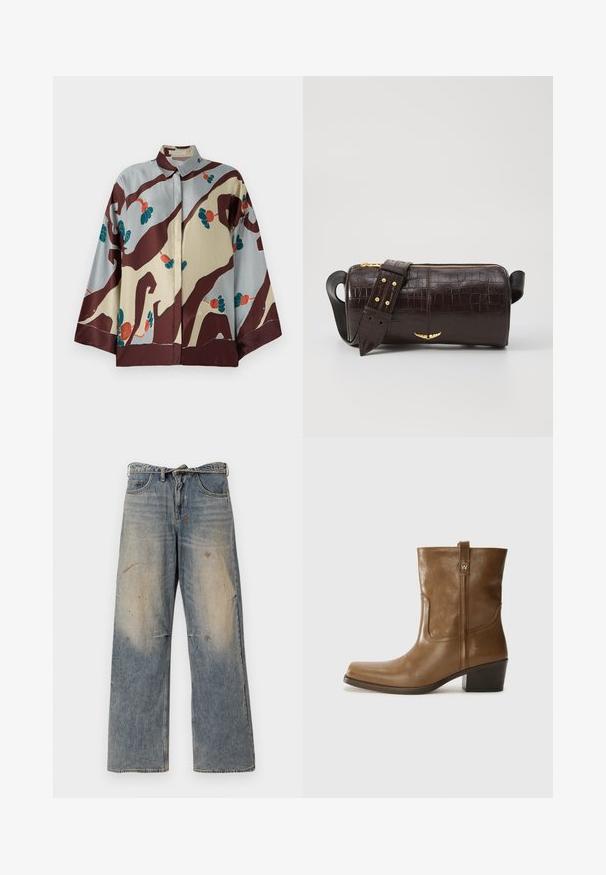 Hedvábná košeľa s golierom, s krémovo svetlomodrým základom zdobeným abstraktnými hnedými vzormi a farebnými kvetinovými akcentmi.; Svetlo modré džínsy s voľným strihom a rovnými nohavicami. Obsahujú efekt opotrebovania, vyblednutie a poškodené detaily pri kolenách. Klasický strih s piatimi vreckami.; Hnedé kožené členkové topánky so štvorcovou špičkou, textúrovaným povrchom a nízkym vrstveným podpätkom. Obsahujú zadný úchyt a diskrétne prešívanie.; Hnedá taška z kože s embosovaným vzorom krokodíla, cylindrického tvaru, so zlatými hardvérovými doplnkami a odnímateľným popruhom so štítkami.