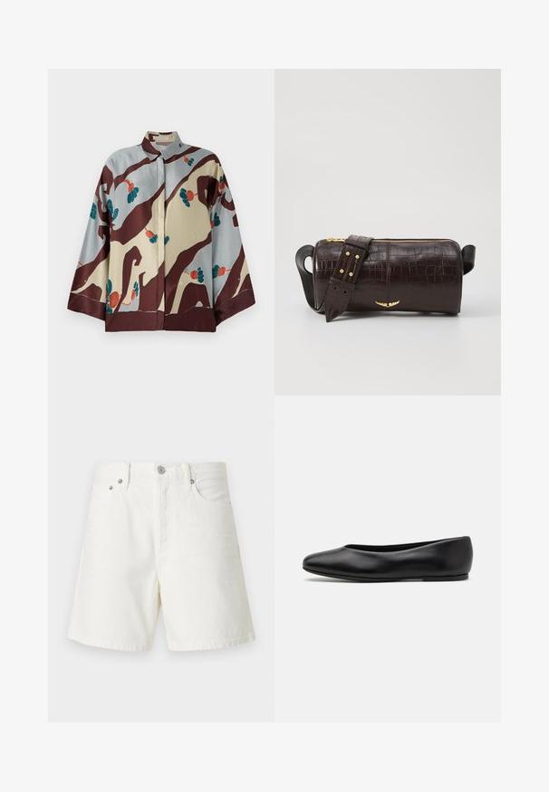 Hedvábná košile s límečkem, s krémovým a světle modrým základem zdobeným abstraktními hnědými vzory a barevnými květinovými akcenty.; Bílé denimové kraťasy se rovný střihem, pětivreckovým designem, zapínáním na tlačítko vpředu, stříbrnými kovovými detaily a prošitím.; Paul Smith TOPANGA - Klasické baleríny - black; Hnědá kabelka z krokodýlí kůže s embosováním, cylindrického tvaru, se zlacenými kovovými prvky a odnímatelným popruhem se hroty.