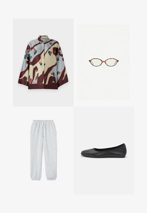 Hedvábná košeľa s golierom, s krémovo svetlomodrým základom zdobeným abstraktnými hnedými vzormi a farebnými kvetinovými akcentmi.; Šedé tepláky vyrobené z jemnej tkaniny, s elastickým pásom na šnúrku a elastickými manžetami na členkoch.; Čierne kožené baleríny s okrúhlou špičkou, hladkým povrchom, minimálnym prešívaním a flexibilným dizajnom podrážky.; Korytnačkové okuliare s oválnymi šošovkami a hladkým, lesklým povrchom. Majú tenké strany s jemným zakrivením na spánkoch. Priehľadné šošovky.