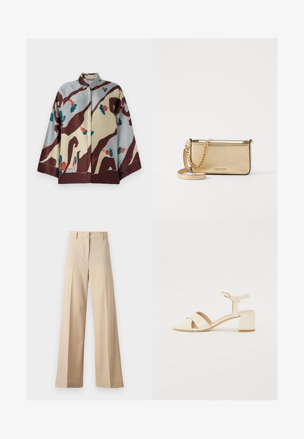 Šilkinė marškinė su apykakle, turinti kreminę ir šviesiai mėlyną bazę, puošta abstrakčiais rudiomis taisyklėmis ir spalvingais gėlių akcentais.; Smėliniai plačių kojų kelnių pagamintos iš lygaus audinio, su plokščiu priekiu su klostėmis, užtrauktuku ir kilpomis diržui. Visapusiškai pritaikyta forma.; Bežinės patentinės odos aukštakulnės šlepetės su kryžminiu dirželiu, atvira nosimi, reguliuojamu kulkšnies dirželiu ir blokuotu kulnu. Lygi tekstūra.; Metaliniu auksu padengtas odinis rankinukas su tekstūruotu paviršiumi, kuris turi auksinį grandinėlės dirželį ir nuimamą petį. Įspaustas prekės ženklas.