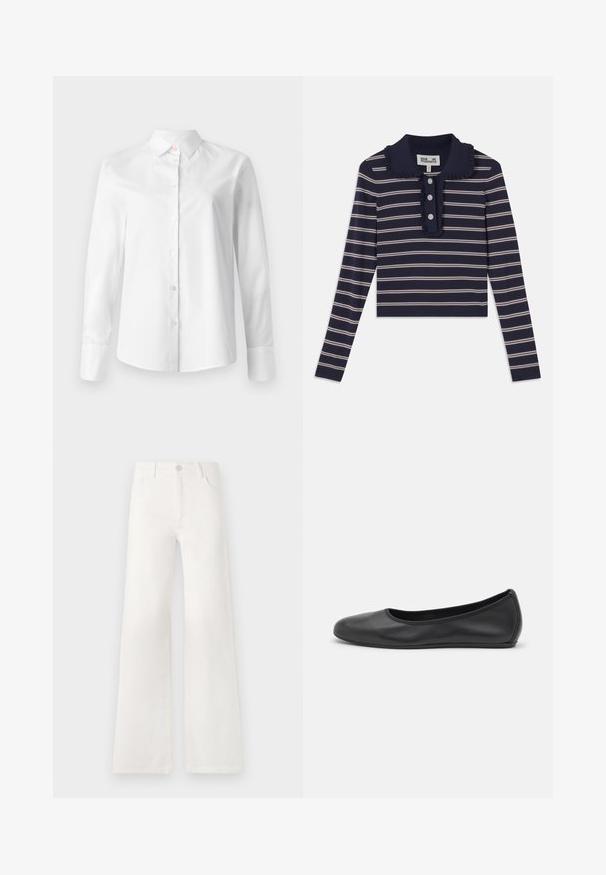 Hvit langermet skjorte med knapper, laget av glatt bomullsvev, har krage av klassisk stil og små knapper foran.; Marinblå langermet skjorte med rosa horisontale striper, volangkrage og tre knapper foran; laget av et mykt, elastisk materiale.; Hvite, høyt liv brede ben jeans laget av denim. Har knappelukking, to frontlommer og sidesømmer med sømdetaljer.; Svart skinnballettflatt med rund tå, glatt tekstur, minimal sømdetalj, og et fleksibelt såledesign.
