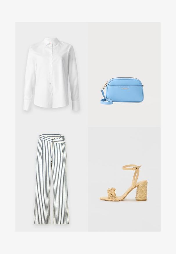 Vit långärmad skjorta med knappar, tillverkad av mjukt bomullstyg, har en klassisk krage och små knappar längs framsidan.; Randiga vida byxor i krämfärgad och marinblå, med en veckad design och ett unikt snitt på midjebandet. Tillverkade av ett lätt tyg.; Beige högklackad sandal med flätad textur, prydd med en dekorativ blomma och vristrem. Fyrkantig klack ger stabilitet.; Ljusblå lädercrossbodyväska med guldtonade detaljer, dragkedjestängning och en framficka. Försedd med en justerbar rem för bekvämlighet.