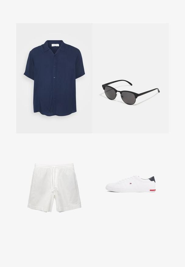Námořnická košile s krátkým rukávem vyrobená z hladké látky, s knoflíkovým zapínáním vpředu, límečkem a zakřiveným lemem.; Bílé bavlněné šortky s elastickým pasem na šňůrku, bočními kapsami a rovnými nohavicemi s obroubenými lemy.; Bílé nízké tenisky vyrobené z hladké kůže. Mají tmavě modrý opatek a červený akcent na podrážce. Šest ok pro tkaničky.; Černé sluneční brýle s kulatými skly, matným povrchem a charakteristickým tvarovým kočičím okem. Úzké nožičky s nenápadným logem na levém rámu.