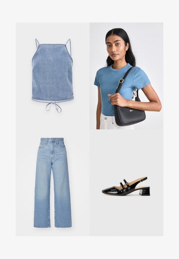 Light blue denim crop top with thin straps, a relaxed fit, and a drawstring hem. Features contrasting stitching along edges.; Light blue high-waist wide-leg jeans with front button and zip closure, front and back pockets, on a white background.; Black patent leather slingback shoe with pointed toe, two strap detail, gold circular accents, and a low block heel.; Black textured handbag with a curved shape, accented by a gold logo, paired with a ribbed light blue short-sleeve shirt and white pants.