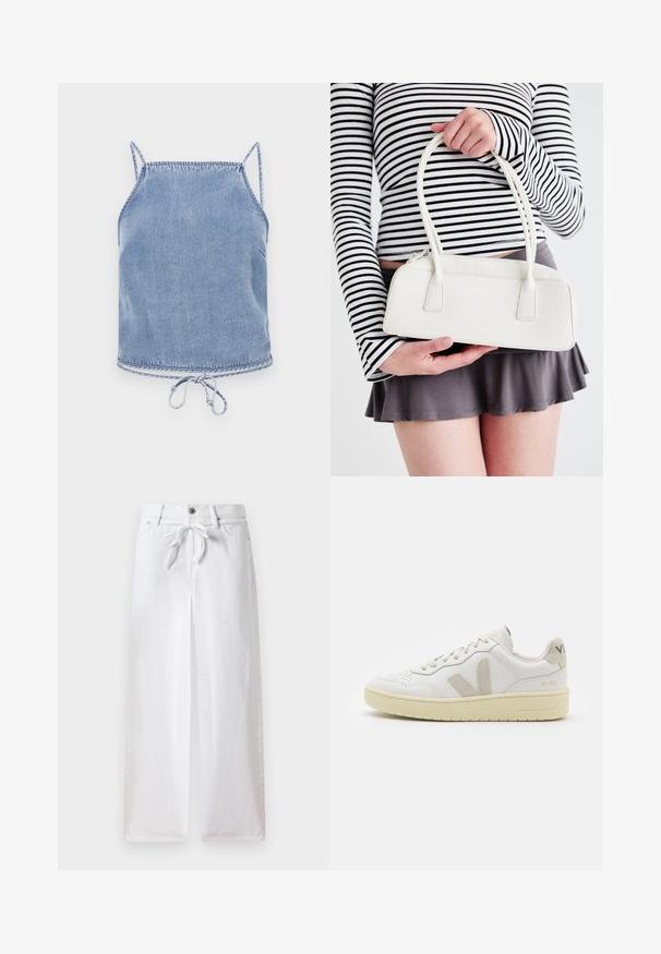 Lyseblå denim crop top med tynne stropper, en avslappet passform og snøring i nederkant. Har kontrasterende sømmer langs kantene.; Hvite vide bukser laget av bomull. Har snøring i livet og knappelukking. Glatt tekstur med minimalistisk design.; Hvite lær sneakers med beige semsket detaljer, perforert tåboks, flate lisser og en teksturert kremfarget såle. Har subtil branding på hælen.; Hvit krokodilleprikket håndveske med to håndtak, rektangulær form og glidelås. Vist mot en lys bakgrunn.