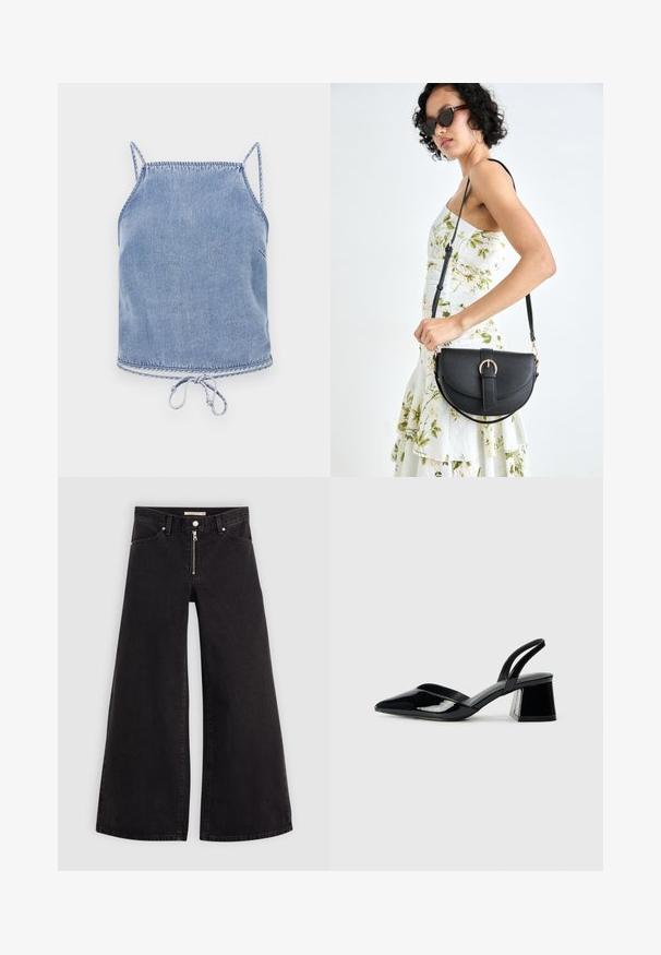 Heledad sinine teksajakk, millel on õhukesed rihmad, lõdva istuvuse ja sokkidega lõppev äär. Omab kontrastset õmblust servades.; Laiad teksad mustast denimist, millel on lukuga eesmine osa, viie taskuga disain ja peened õmblusdetailid. Sile tekstuur ja juhuslik stiil.; Mustad musta lakknahk kingad, millel on terav varvas ja geomeetriline plokkkonts. Omab elegantselt minimalistlikku disaini ja sujuvat tekstuuri.; Mustmust mustraha kõverate joontega, eemaldatava rihmaga ja kuldsete detailidega. Kotil on klapp, millel on pandladetail.