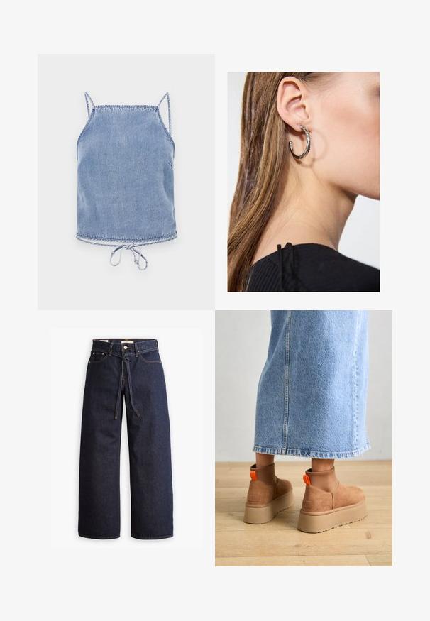 Light blue denim crop top with thin straps, a relaxed fit, and a drawstring hem. Features contrasting stitching along edges.; Wide-leg dark blue denim jeans with a high waist, featuring a drawstring tie, five pockets, and contrasting stitching details.; Brown suede platform boots with elastic side panels and orange pull tabs, paired with a knee-length light denim skirt on a wooden floor.; Silver hoop earring with a polished finish, featuring small gold accent details and a round shape, worn on the lobe.