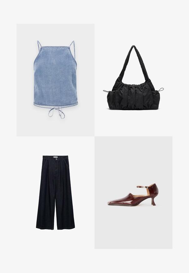 Jasnoniebieski top z denimu z krótkimi rękawami, luźny krój i ściągacz na dole. Posiada kontrastowe szwy wzdłuż krawędzi.; Ciemnoniebieskie spodnie o szerokich nogawkach z wysokim stanem, z zamknięciem na guzik z przodu, dwoma bocznymi kieszeniami oraz detalami w szwach.; Burgundowe lakierowane buty na obcasie z wąskim noskiem, paskiem na kostkę i 5 cm stożkowym obcasem. Gładka tekstura i minimalistyczny design.; Czarna torebka z tkaniny z marszczoną fakturą, z dwoma ramiączkami i sznurkiem do ściągania po bokach. Gładki, lekki materiał.