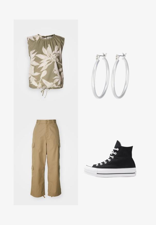 Oliwkowa, bezrękawnikowa bluzka z marszczonym dekoltem, zdobiona dużymi białymi nadrukami kwiatowymi i regulowanym wiązaniem u dołu. Miękka tekstura materiału.; Beżowe spodnie cargo z wysokim stanem, szerokimi nogawkami i czterema dużymi bocznymi kieszeniami. Wykonane z trwałego materiału o gładkiej fakturze i minimalnych detalach.; Czarny wysokopodbiciowy sneaker z płótna, z białymi oczkami, sznurówkami i gumową podeszwą. Posiada teksturowany czubek oraz czarno-białe paski.; Srebrne kolczyki w formie kółek o gładkim, polerowanym wykończeniu. O okrągłym kształcie i pewnym zapięciu na klik. Lekka konstrukcja odpowiednia do codziennego noszenia.