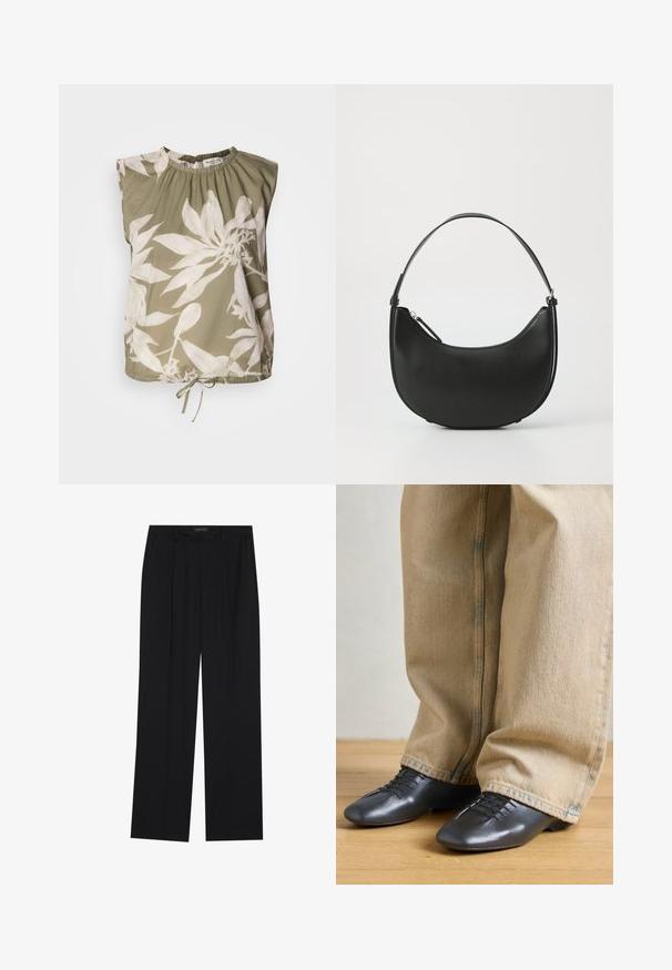 Olíva zöld, ujjatlan felső, fodros nyakkivágással, nagy fehér virágmintákkal és állítható megkötővel az alján. Puha anyagtextúra.; Fekete nadrág egyenes szárú kialakítással, két első zsebbel és derékrésszel. Simának és könnyű anyagból készült.; Fekete bőr cipők sima textúrával, alacsony profillal és fűzős részletekkel, laza, világos bézs farmernadrággal párosítva.; Fekete bőr válltáska ívelt formával, karcsú fogantyúval és cipzáras záródással. Simább textúrával és diszkrét logó részlettel rendelkezik.