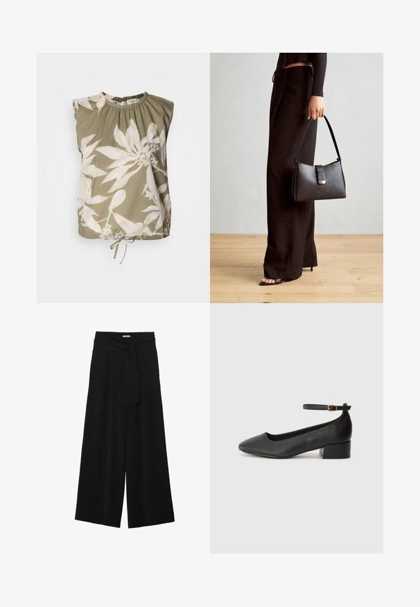 Top sin mangas de color verde oliva con un escote fruncido, decorado con grandes estampados florales en blanco y un lazo ajustable en el dobladillo. Textura de tela suave.; Pantalones de pierna ancha negros con un tejido texturizado, una cinturilla elástica y un lazo desmontable en la cintura para un ajuste ajustable.; Zapato de tacón negro de cuero con punta afilada y tacón bajo cuadrado. Presenta una correa para el tobillo con una hebilla en tono dorado. Textura suave.; Bolso negro con forma estructurada, textura suave y un cierre metálico. Combinado con pantalones anchos negros y sandalias de dedo en un suelo de madera.