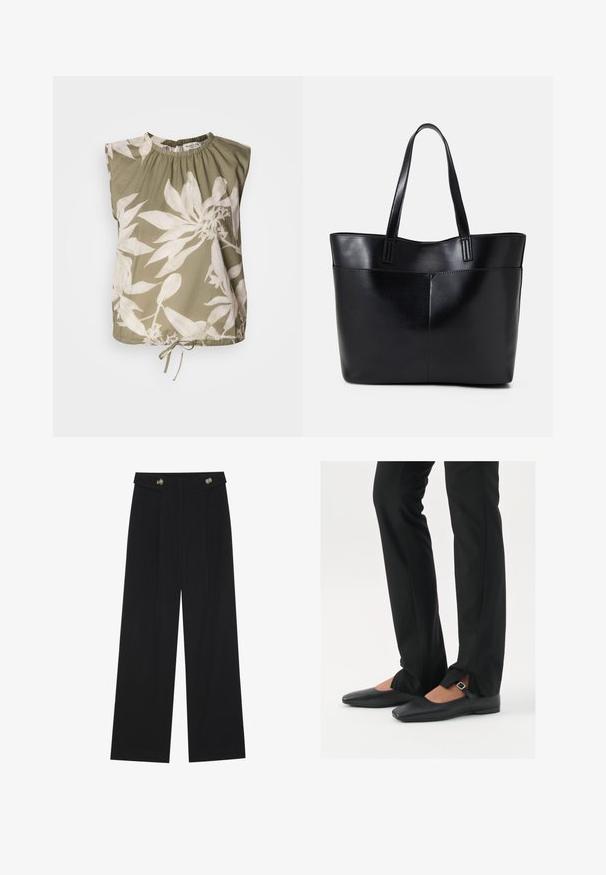 Olive green sleeveless top with a gathered neckline, featuring large white floral prints and a adjustable tie at the hem. Soft fabric texture.; Black wide-leg trousers with high waist, button details on waistband, and front pleats.; Black leather ballet flats with a pointed toe, strap with silver buckle, paired with black tailored pants featuring a slit hem.; Black leather tote bag with two long handles, a smooth texture, and a structured shape. Features a front pocket for additional storage.