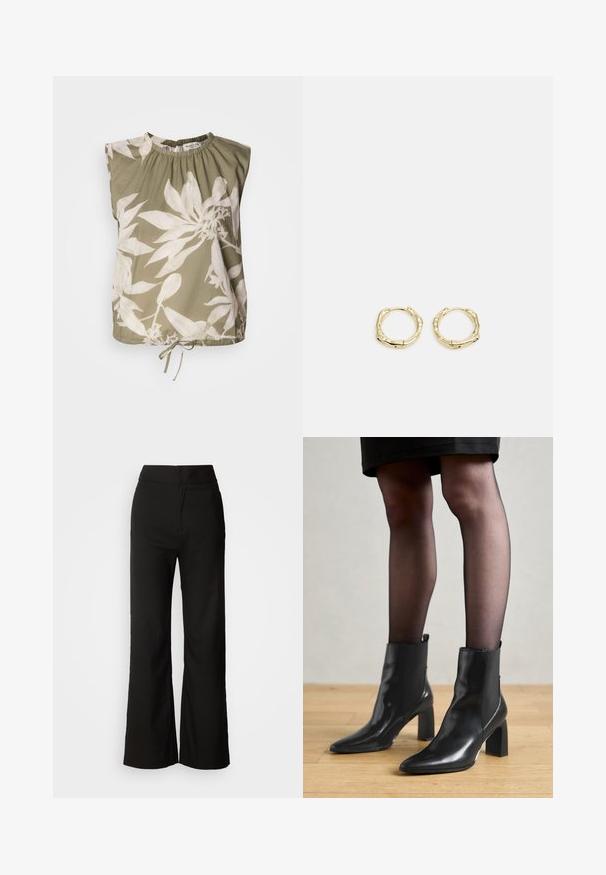 Olivově zelený bezramínkový top se stahovaným výstřihem, který má velké bílé květinové vzory a nastavitelné zavázání na spodním lemu. Měkká textilie.; Černé kalhoty se širokými nohavicemi, hladkou texturou, vysokým pasem a čistým designem. Bez viditelných kapes nebo ozdob.; Černé kožené kotníkové boty s špičatou špičkou, robustním čtvercovým podpatkem a elegantním designem. Obsahují elastické boční panely pro snadné obouvání.; Zlaté kruhové náušnice s texturovaným, nepravidelným tvarem. Disponují bezproblémovým uzávěrem a leštěným povrchem, což zdůrazňuje moderní design.