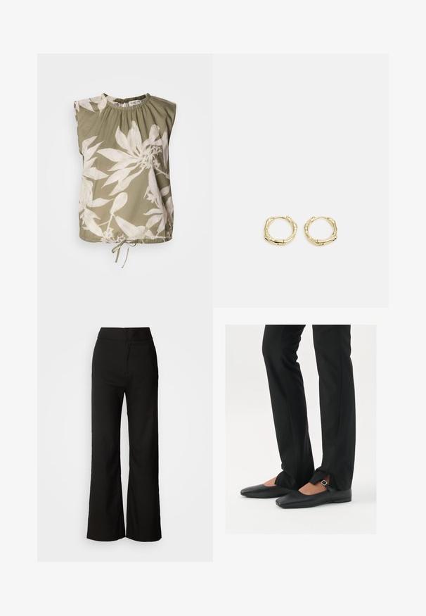 Olīvu zaļš bez piedurknēm tops ar savelktu dekoltē, ar lieliem baltiem ziedu rakstiem un regulējamu saišu apakšmalā. Mīksta auduma tekstūra.; Melni platlegu bikses ar gludu tekstūru, augsto vidukli un tīru dizainu. Nav redzamu kabatu vai rotājumu.; Melni ādas baleta zābaki ar smailo purngalu, siksniņa ar sudraba sprādzi, kombinēti ar melniem tailētiem biksēm ar šķēluma apakšdaļu.; Zelta riņķveida auskari ar tekstūru un neregulāru formu. Iekļauj bezšuvju aizdari un pulētu virsmas apdari, uzsverot mūsdienīgu dizainu.