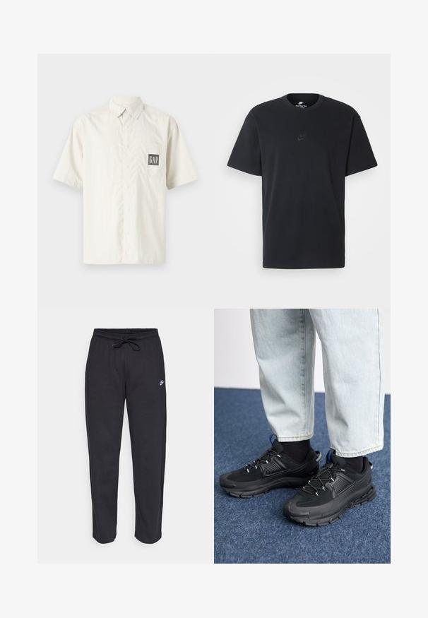 Kortermet kremfarget skjorte laget av bomull, med knapper foran og en brystlomme med en kontrasterende svart GAP-logo.; Nike svart bomull T-skjorte med klassisk rund hals, korte ermer, og en subtil, preget logo på brystet. Glatt tekstur.; Sorte sweatpants laget av mykt stoff med elastisk midjebånd, snøring og en liten Nike-logo på venstre lår.; Svarte sportssko med teksturert stoff og gummisåler, med elastiske lisser og en blå detalj på hælen. Brukt med lyse denimbukser.