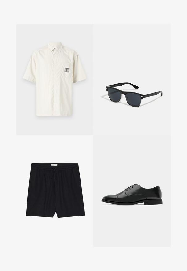 Camisa de manga corta en color crema, hecha de algodón, con un cierre de botones en la parte delantera y un bolsillo en el pecho con un logo de GAP en negro contrastante.; Shorts negros con cintura elástica y cordón ajustable, que presentan una textura suave y corte recto, ideal para el uso casual.; Zapato de vestir de cuero negro con punta redondeada, diseño con cordones, detalles de costura sutiles y un tacón bajo. Textura suave con acabado pulido.; Gafas de sol negras con forma rectangular, lentes oscuros, detalles plateados en las patillas y un acabado mate en la montura.
