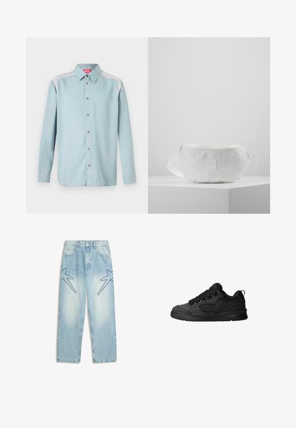 Camicia button-up azzurro chiaro con colletto standard, dotata di un'etichetta rossa, bottoni metallici e una texture di tessuto liscia.; Jeans in denim azzurro chiaro con taglio dritto, caratterizzati da grandi design a forma di stella in blu scuro sul davanti e un tradizionale stile a cinque tasche.; Sneakers neri con una tomaia testurizzata, dotati di lacci, accenti in mesh per la traspirabilità, colletto imbottito e suola robusta.; Marsupio bianco realizzato in tessuto resistente, dotato di chiusura con zip, cinturino regolabile e di un piccolo logo impresso nella parte anteriore.
