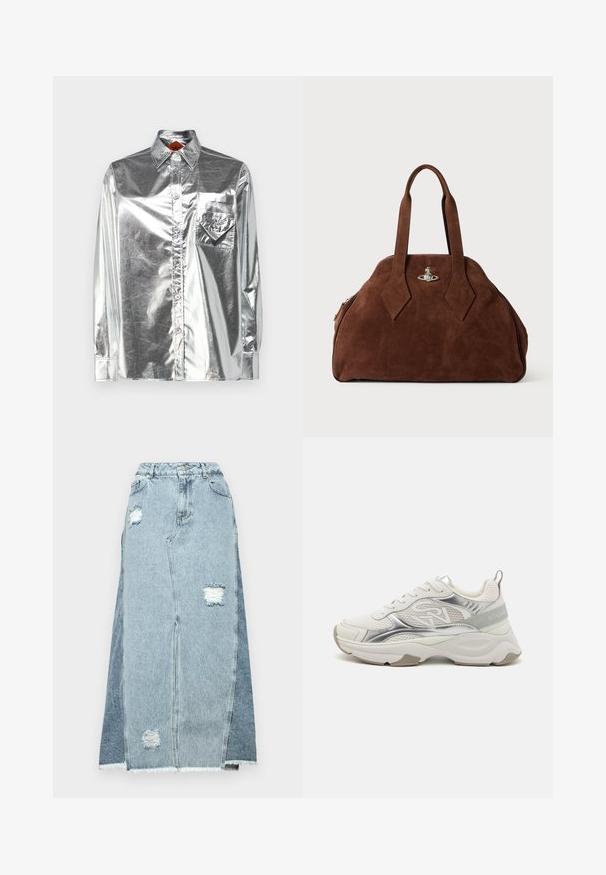 MCM METALLIC SHIRT  - Camicia - silver; Gonna in denim caratterizzata da un mix di tessuti blu chiaro e scuro, con toppe strappate, vita alta e orlo sfrangiato.; Sneakers atletici bianchi con accenti argentati lucidi, pannelli in rete e una suola spessa. Presenta un logo sul lato e un'etichetta sul tallone testurizzata.; Borsa in suede marrone con una forma strutturata, corpo arrotondato e manici a forma di diamante allungati. Presenta una chiusura in metallo argentato.