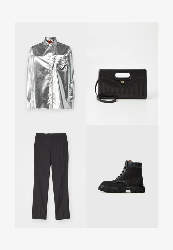 MCM METALLIC SHIRT - Užsagstoma palaidinė - silver; Juodos pritaikytos kelnės su tiesiu kirpimu, turinčios diržo kilpas ir lygų tekstūrą, pagamintos iš lengvos medžiagos.; Juodi kulkšniais batai su tekstūruotu odiniu viršumi, su raišteliais, kontrastingais siūlais ir tvirtu guminio pado baze. Logotipo akcentas ant liežuvio.; Juodas rankinė su struktūrine forma, turinti viršutinę rankeną, lygaus odos paviršiaus ir tekstūruotos medžiagos su dryžuotais raštais. Auksiniai aksesuarai.