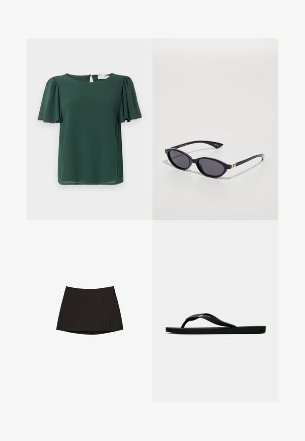 Blusa verde a maniche corte con scollo rotondo e dettaglio a oblò sul retro. Realizzata in tessuto leggero e morbido con un design fluido.; Mini gonna nera con taglio dritto e leggero spacco laterale. Realizzata in tessuto morbido, presenta un orlo pulito e un design minimalista.; Infradito in gomma nera con cinturino testurizzato e suola piatta semplice, mostrati di lato su uno sfondo chiaro e uniforme.; Occhiali da sole neri con lenti ovali, tinta sfumata scura e braccetti sottili con sottili dettagli dorati. Finitura in plastica liscia.; Cesto di paglia intrecciata con una forma svasata, caratterizzato da una base e manici in pelle nera. Fibra naturale testurizzata con dettagli neri lisci.