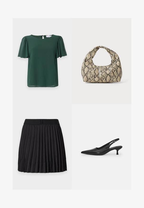 Zelená blúzka s krátkym rukávom a okrúhlym výstrihom s detailom v tvare kľúčovej diery na chrbte. Vyrobená z ľahkého, hladkého materiálu s voľným strihom.; Čierna plisovaná sukňa s hladkou textúrou, s pevným čiernym pásom a vyrazeným logom na prednej strane.; Čierne kožené sandále s úzkym špičatým prstom a štíhlym zakriveným podpätkom. Majú diskrétny nastaviteľný popruh s kovovou sponou.; Kabelka s hadím vzorom a zakriveným rukoväťou. Vyrobená z textúrovaných béžových a hnedých materiálov, s charakteristickým diamantovým vzorom.
