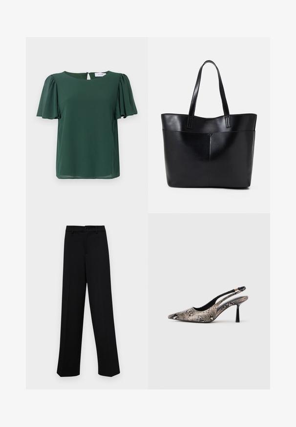 Green, short-sleeved blouse with a round neckline and a keyhole detail at the back. Made from lightweight, smooth fabric with a flowy design.; Black wide-leg trousers made of smooth fabric, featuring a classic waistband with a button closure and front pleats.; Pointed-toe slingback shoes made of textured snake print material, featuring a slender black heel and a cutout design on the sides.; Black leather tote bag with two long handles, a smooth texture, and a structured shape. Features a front pocket for additional storage.