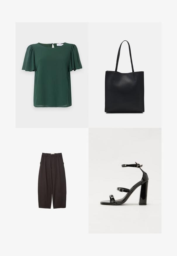 Zelena kratkosazna bluzica s okruglim izrezom i detaljem u obliku okvira na leđima. Napravljena od lagane, glatke tkanine s lepršavim dizajnom.; Črne široke hlače iz gladkega materiala, z visokim pasom, zgornjimi pregibi in stranskimi žepi. Preprost dizajn brez okrasnih elementov.; Črne lakirane sandale s peto, kvadratnim prstom, trakovi okrog gležnja in srebrnimi zaponkami. Opremljene so s stabilno Debelo peto.; Črna usnjena torba s svilnato teksturo, pravokotne oblike in dvema dolgima ročajema. Brez vidnih metalnih delov ali okrasnih elementov.