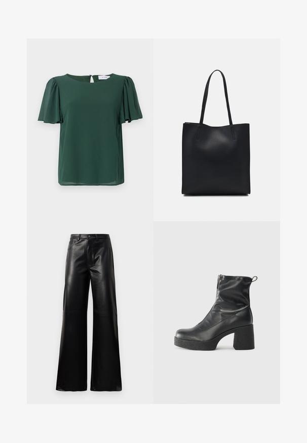 Zelená blůza s krátkým rukávem, kulatým výstřihem a detailem ve tvaru klíčové dírky na zádech. Vyrobena z lehkého, hladkého materiálu s volným střihem.; Černé kalhoty s vysokým pasem a širokými nohavicemi z umělé kůže, s předním knoflíkem, zipovým zapínáním, poutky na pás a bočními kapsami na bílém pozadí.; Černé kotníkové boty vyrobené z hladké kůže, s bočním zipem, robustním strukturovaným podpatkem a kulatou špičkou.; Černá kožená taška přes rameno s hladkým povrchem, obdélníkovým tvarem a dvěma dlouhými uchy. Žádné viditelné kování ani ozdoby.